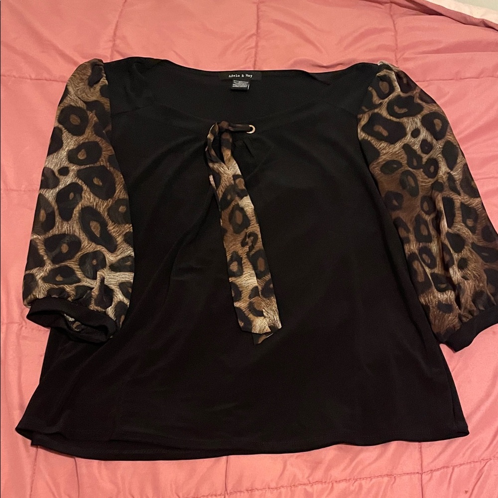 Chic Black Blouse with Leopard Print Sleeves